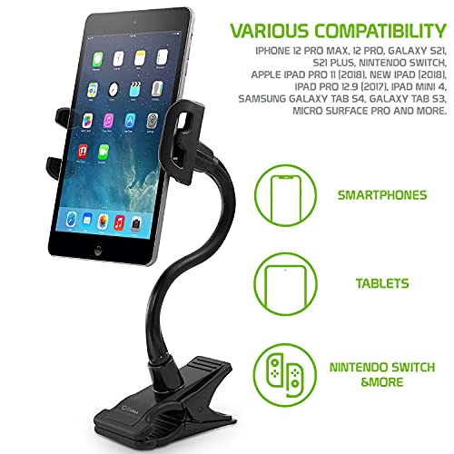 Gooseneck Flexible Cell Phone Holder and Tablet Mount with Clamp. Clip-On Stand for Bedroom Desktop Kitchen Office Car Compatible for iPad Pro Air Mini, Galaxy Smartphones iPhones, Google Pixels