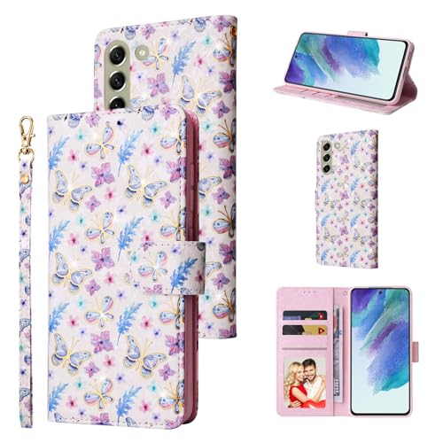 UEEBAI Wallet Case for Samsung Galaxy S22 5G, PU Leather Phone Case Kickstand RFID Blocking Flip Case Card Slots Wrist Strap Relief Engraved Pattern Magnetic Closure Flower Folio Case, Butterfly - color: Butterfly, size: Samsung Galaxy S22 5G