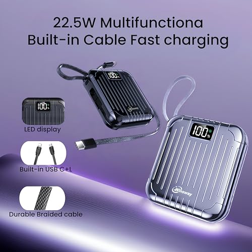 10000mAh Small 22.5W Power Bank with Built in Cable, 3A Fast Charging, 4 Outputs 2 Inputs, Mini Portable Charger for Samsung Google Pixel LG Moto iPhone iPad