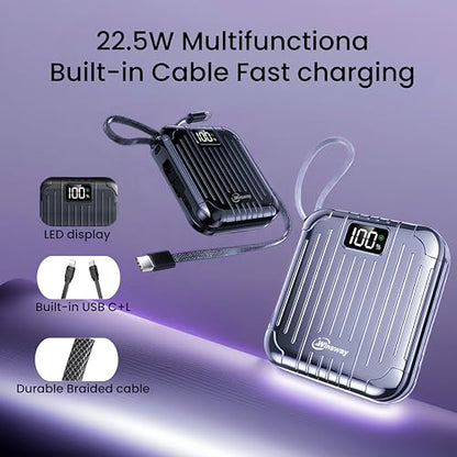 10000mAh Small 22.5W Power Bank with Built in Cable, 3A Fast Charging, 4 Outputs 2 Inputs, Mini Portable Charger for Samsung Google Pixel LG Moto iPhone iPad