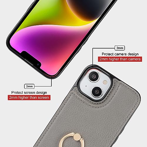 Folosu Compatible with iPhone 14 Case Wallet with Card Holder, 360°Rotation Finger Ring Holder Kickstand, RFID Blocking Leather Protective Double Buttons Shockproof Cover 6.1 Inch Gray - color: Gray, size: iPhone 14