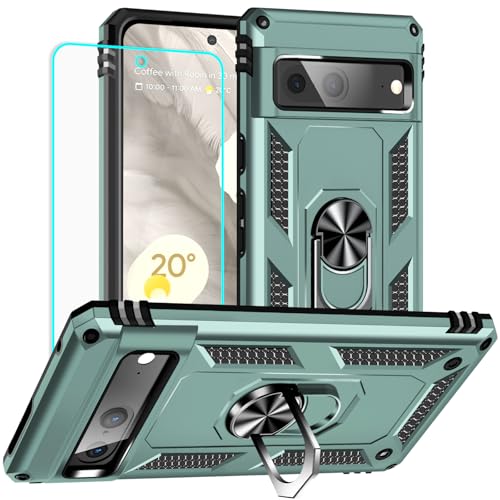 Yiakeng for Google Pixel 7 Case: with Screen Protector - Military Grade Protective Cases with Finger Ring Holder Kickstand for Pixel 7(Dark Green) - color: Dark Green, size: Google Pixel 7 Case