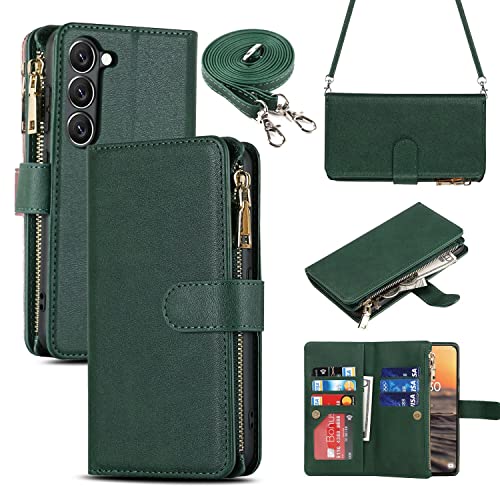 iCoverCase for Samsung Galaxy S23 Wallet Case with Card Holder, Kickstand Feature PU Leather Case with Adjustable Crossbody Lanyard Magnetic Clasp Zipper Pocket Flip Cover (Green) - color: Green, size: Galaxy S23