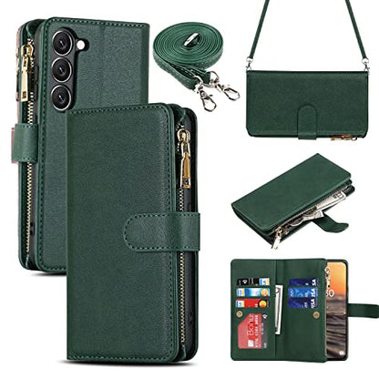 iCoverCase for Samsung Galaxy S23 Wallet Case with Card Holder, Kickstand Feature PU Leather Case with Adjustable Crossbody Lanyard Magnetic Clasp Zipper Pocket Flip Cover (Green) - color: Green, size: Galaxy S23