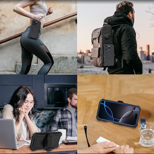 Compatible with iPhone 16 Pro Max Case, with Belt Clip Holster Heavy Duty Magnetic Wireless Charging Full Body Protection Kickstand Cover for iPhone 16 Pro Max 6.9 inch Phone(Black+Blue) - color: Black+Blue