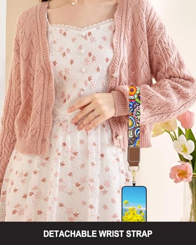 Nipichsha Crossbody Phone Strap with Wallet, Clip and Go Strap for Phone - color: Bohemian Sun