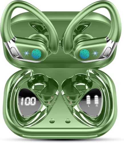 Matast Wireless Earbuds, Bluetooth 5.4 Headphones Sport, 75H Deep Bass Sound Over Ear Buds with 4 ENC Noise Cancelling Mic, Dual LED Display, IP7 Waterproof Earphones with Earhook for Workout, Green - color: Green