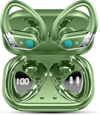 Matast Wireless Earbuds, Bluetooth 5.4 Headphones Sport, 75H Deep Bass Sound Over Ear Buds with 4 ENC Noise Cancelling Mic, Dual LED Display, IP7 Waterproof Earphones with Earhook for Workout, Green - color: Green