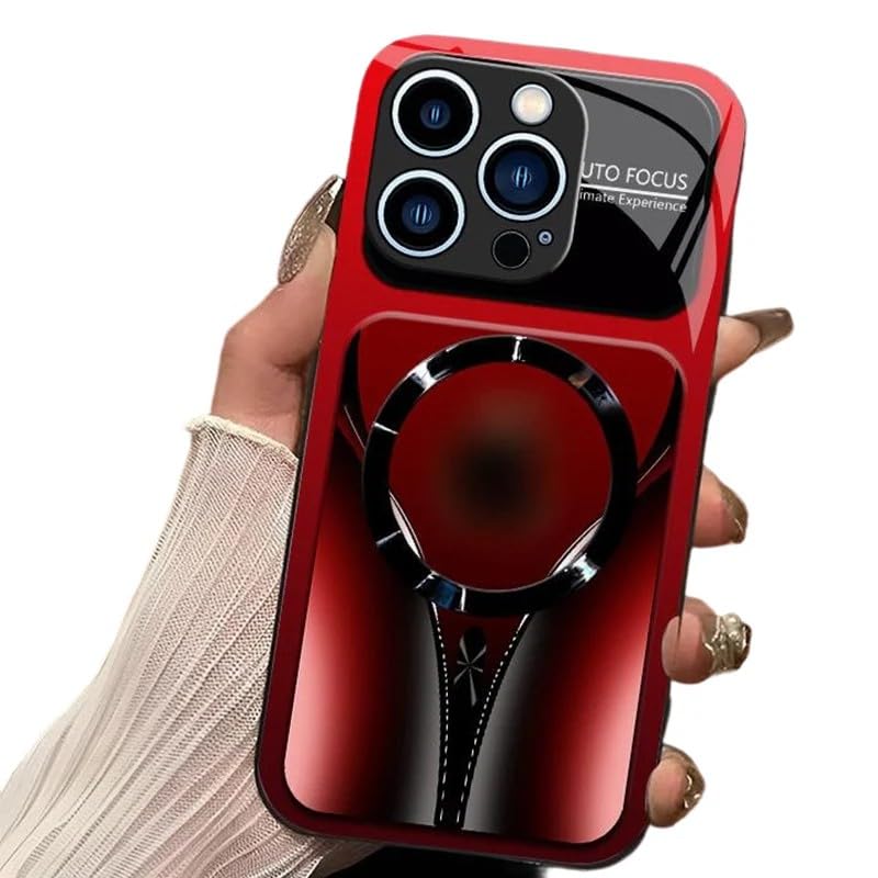 Stylish Magnetic Shockproof Phone Case, Tempered Glass, Slim Protective Cover Raised Camera Lens Non-Slip Alloy Frame Magnetic Wireless Charging Case for iPhone 12 13 14 15 16 17 (Red, 16 Pro Max) - color: Red
