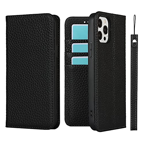 iCoverCase Compatible with iPhone 13 Pro Wallet Case with Credit Card Holder and Wrist Strap, RFID Blocking Genuine Leather Flip Magnetic Phone Cover 6.1 Inch (All Black) - color: 1-All Black (No Headphone Storage Belt), size: iPhone 13 Pro