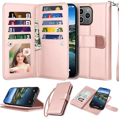 NJJEX iPhone 15 Pro Wallet Case, 9 Card Slots, Rose Gold | PU leather, ID Credit Card Holder, detachable folio flip, magnetic cover, kickstand, lanyard included - color: Rose Gold