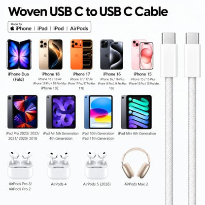 6ft iPhone Duo/18/1716/15 Charger, 20W USB C Fast Charger Cord for iPhone 18/17/16/15 Pro Max, Plus, 18E/17E/16E USB c to USB c Woven Cable for AirPods 4/5,AirPods Pro 2nd/3rd Gen, Max Charging Block - size: 6FT(72in)