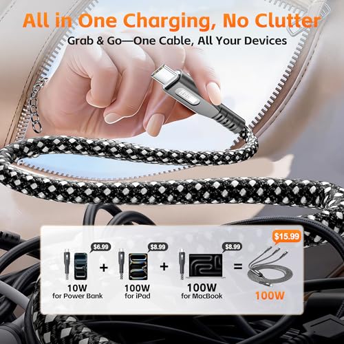 100W USB C Multi Charger Cable 3 in 1, 4ft PD3.0 Fast Charging Cord- 1 Pack