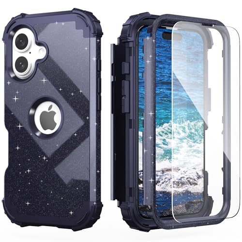 IDweel for iPhone 17 Case with Screen Protector for Women, 3 in 1 Shockproof Slim Fit Hybrid Heavy Duty Hard PC Cover Soft Silicone Bumper Full Body Anti-Fingerprint Case, Glitter Black/Blue - color: Glitter Black/Blue