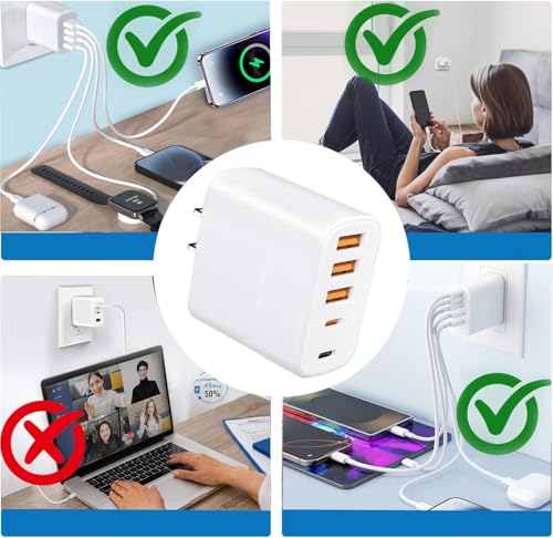 60W Multi-Port USB-C Charger with Cables (4FT + 6FT), 5-Port Wall Plug Power Adapter Compatible with iPhone 17/16/15 Series, iPad, Samsung S25/S24, Headphones, smartwatches, and More