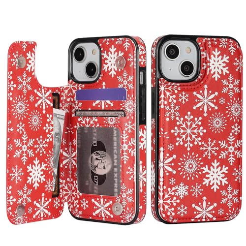 HAOPINSH for iPhone 14 Wallet Case with Card Holder, Christmas Santa Snowflake Back Flip Folio PU Leather Kickstand Card Slots Case for Women Girls, Double Magnetic Clasp Shockproof Cover 6.1" - color: Snowflake