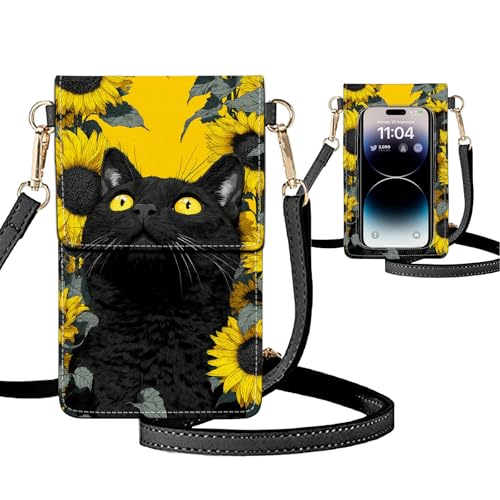 Small Crossbody Bags for Women Touchscreen Cell Phone Bag Cross Body Purses with adjustable Strap,Gifts For Teenage Girls - color: Black Cat & Sunflower