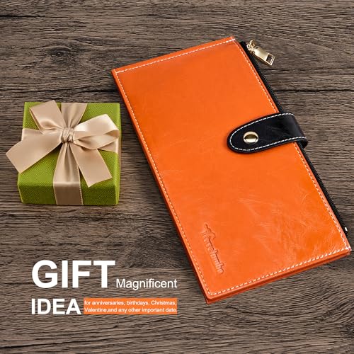 Travelambo RFID Wallet Women Large Size Bifold Multi Card Wallet Case with Zipper Pocke Credit Card Holder for Women - color: Brown-Wax Leather