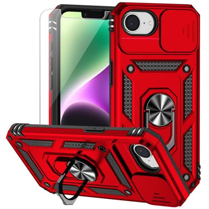 for iPhone 17E / iPhone 16E Case, with Camera Lens Cover HD Screen Protector, Dual Layer Military-Grade Drop Tested Magnetic Ring Holder Kickstand Protective Phone Case for iPhone 16E / 17E (Red) - color: Red with camera cover Military-Grade 2nd gen