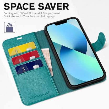 TUCCH Wallet Case for iPhone 13 (6.1") 2021, 3 Card Holders, Cyan | RFID Blocking, Viewing Stand, Shockproof TPU Shell, PU Leather, Magnetic Closure, Protective Folio Flip Cover - color: Cyan - Textured
