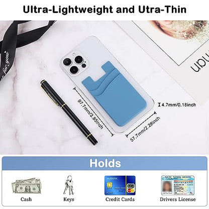 Phone Wallet Stick on,5Pack Phone Card Holder for Back of Phone Case,Silicone Sticky Credit Card Holder for Cell Phone Double Pocket Sticker All Smartphones—Navy,Sierra,Pastel,Blue,Black