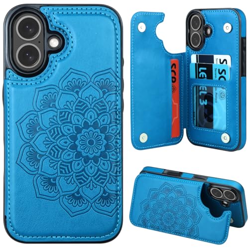 MMHUO for iPhone 16 Case with Card Holder, Flower Magnetic Clasp Flip Case for iPhone 16 Wallet Case for Women, Protective Case Phone Case for iPhone 16 (6.1 Inch),Blue - color: Blue, size: for iPhone 16 6.1"-(S)(Two Cameras)