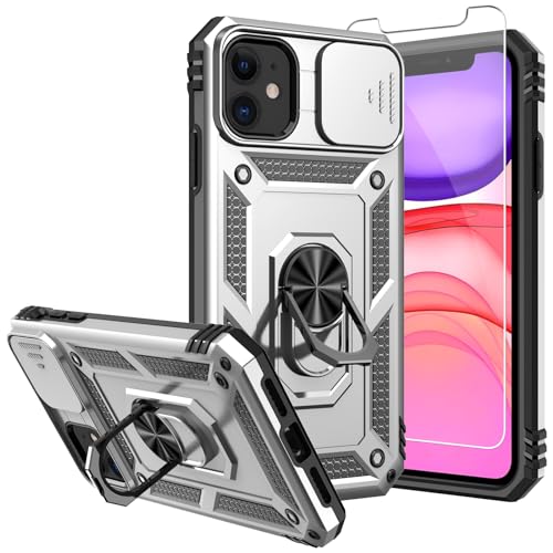 for iPhone 11 Case,with Screen Protectors and Camera Cover,[Military Grade] 16ft.Drop Tested Cover with Magnetic Kickstand Protective Case for iPhone 11 6.1 inch, Silver - color: Silver