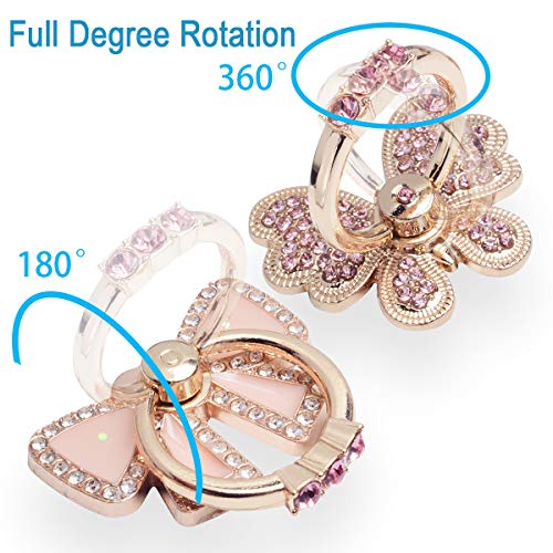 Finger Ring Stand Grip,2 Pack Luxury Glitter Diamond Universal Metal Kickstand for iPhone 16/15/14/13 Pro Max, Galaxy S24/S23/S22 Ultra, Finger Ring Grip Holder for All Smartphone, Pink/Bowknot