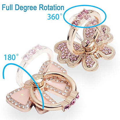 Finger Ring Stand Grip,2 Pack Luxury Glitter Diamond Universal Metal Kickstand for iPhone 16/15/14/13 Pro Max, Galaxy S24/S23/S22 Ultra, Finger Ring Grip Holder for All Smartphone, Pink/Bowknot
