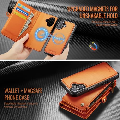 Defencase for iPhone 17 Phone Case Wallet Compatible with Magsafe, Orange | Magnetic Detachable, Drop-Proof Protective Wallet Cases Cover, with RFID Bolcking Card Holder, Zipper Strap, Soft PU Leather - color: (Detachable with Magsafe)-Orange