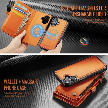 Defencase for iPhone 17 Phone Case Wallet Compatible with Magsafe, Orange | Magnetic Detachable, Drop-Proof Protective Wallet Cases Cover, with RFID Bolcking Card Holder, Zipper Strap, Soft PU Leather - color: (Detachable with Magsafe)-Orange