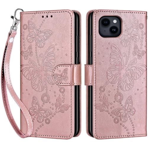 for iPhone 15 Plus Wallet case, Rose Gold-Butterfly | 3 Card Holders, Kickstand, Shockproof TPU Shell, PU Leather, Magnetic Closure, Protective Flip Folio Cover, Women - color: 6