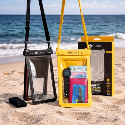 AQUAVAULT Floating Waterproof Phone Pouch, IPX8 Underwater, Large, 2 Pack | Underwater Phone Pouch with Dual Compartment for Phone & Valuables, Armband + Lanyard, Fits iPhone 17/16/15 Pro Max, S26/S25 - color: Black and Yellow