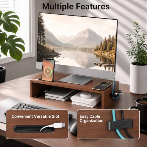 BONTEC Monitor Stand Riser with Cellphone Holder & Cable Management - color: Walnut, size: 16.7 Inch