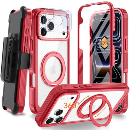 Magnetic for iPhone 17 Pro Case, Compatible with MagSafe, Full Body Rugged Case with Built-in Screen Protector & Kickstand & Belt-Clip (Red) - color: Red