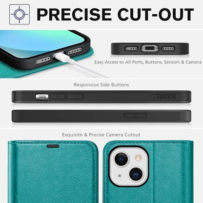 TUCCH Wallet Case for iPhone 13 (6.1") 2021, 3 Card Holders, Cyan | RFID Blocking, Viewing Stand, Shockproof TPU Shell, PU Leather, Magnetic Closure, Protective Folio Flip Cover - color: Cyan - Textured