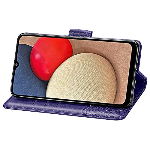 Wallet Case for Samsung Galaxy A03s with Card Holder Purple | PU Leather Flip Phone Cover,Wrist Strap,Woman Man Purse,Emboss Butterfly,Stand,Shockproof TPU,Magnetic Closure - color: B Purple