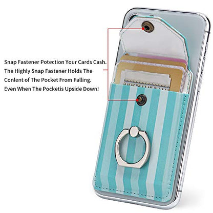 Self Adhesive Phone Card Wallet with Ring Stand Flip Cover, Green Striped - color: Green Striped