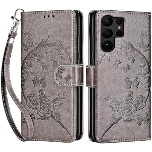 for Samsung Galaxy S23 Ultra Wallet case, Gray Flower | 3 Card Holders, Kickstand, Shockproof TPU Shell, PU Leather, Magnetic Closure, Protective Flip Folio Cover, Women - color: 9