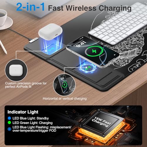 Wireless Charging Mouse Pad with Phone Holder, 31.5"x15.8" in, Black Wave - color: Black Wave-Phone Holder-31.5"x15.8"