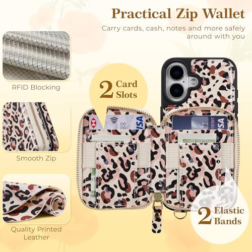 ZCDAYE Zipper Crossbody Wallet Case for iPhone 16, Leopard Print | Flip Folio PU Leather, Practical Card Holder, Adjustable Lanyard Strap, RFID Blocking, Retro Leopard Girly Phone Case - color: Leopard print, size: iPhone 16