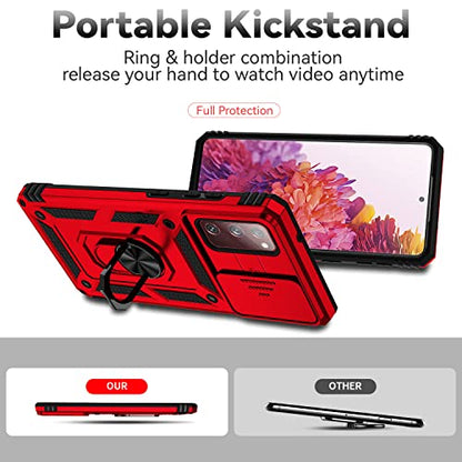for Samsung Galaxy S20 FE 5G Case with Camera Lens Cover HD Screen Protector, Military-Grade Drop Tested Magnetic Ring Holder Kickstand Protective Phone Case for Samsung Galaxy S20 FE 5G (Red) - color: Red with camera cover Military-Grade 2nd gen