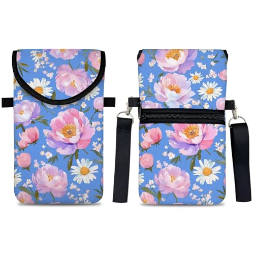 Neoprene Cell Phone Sleeve Pouch Case Bag with Crossbody Strap Neck Lanyard for Women 7.5 X 4.3 in Sky Blue Flower - color: Sky Blue Flower 1