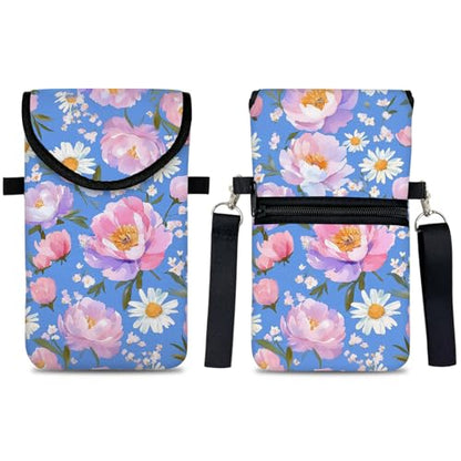 Neoprene Cell Phone Sleeve Pouch Case Bag with Crossbody Strap Neck Lanyard for Women 7.5 X 4.3 in Sky Blue Flower - color: Sky Blue Flower 1
