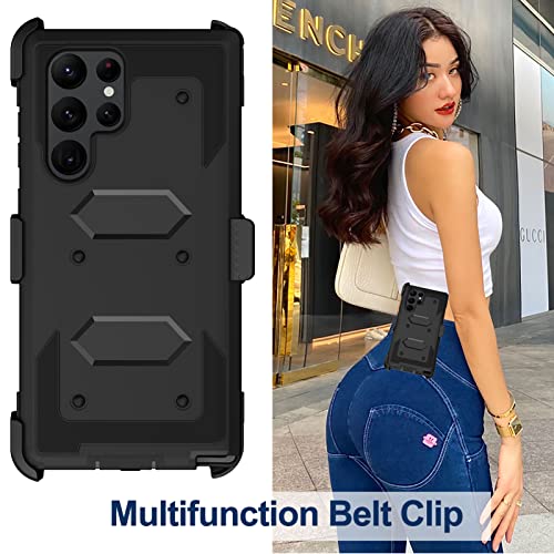 for Samsung Galaxy S22 Ultra Case with Belt Clip Holster, 2X Screen Protector, Military Grade Protection Heavy Duty Full Body Shockproof Rugged Protective Cover for Samsung S22 Ultra 5G (Black C) - color: Black C
