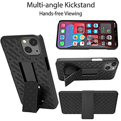 for iPhone 13/14 Case Belt Clip, Holster Screen Protector-Black | Swivel Stand Holder, Slim Shell Slide Pouch Full Body Drop Protective, Rugged Heavy Duty Shockproof Outdoor Cell Phone Cover - size: iPhone 13