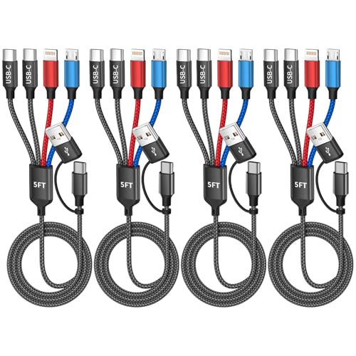 Travel Essentials 2026, 4 in 2 Charging Cable with Dual Type-C/IP/Micro USB - color: Multicolored, size: 4Pack 5FT