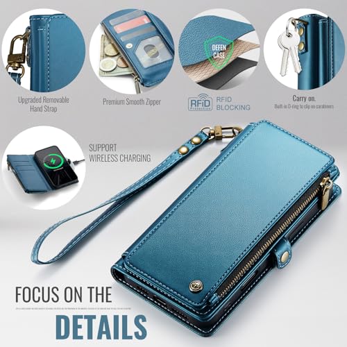 Defencase for iPhone 14 Plus Wallet Case with RFID Card Holder, Dark Blue | Durable Soft PU Leather, with Zipper Pocket, Wrist Strap, Fashion Snap Flip Phone Cases Cover with Stand for Women and Men - color: Dark Blue