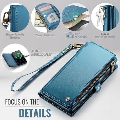 Defencase for iPhone 14 Plus Wallet Case with RFID Card Holder, Dark Blue | Durable Soft PU Leather, with Zipper Pocket, Wrist Strap, Fashion Snap Flip Phone Cases Cover with Stand for Women and Men - color: Dark Blue