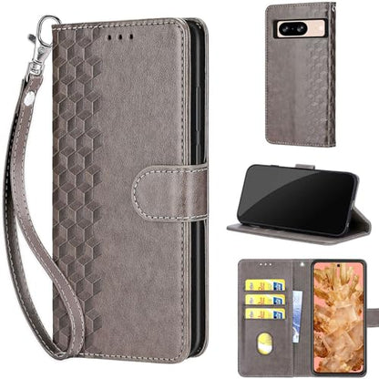 Wallet Case for Google Pixel 8, Gray Cube | Women Flip Folio Cover, Embossed PU Leather, Stand, Credit Card Holders Slots, Wrist Strap - color: 2